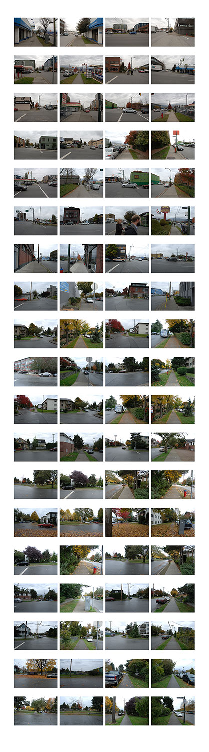 Chance: Vancouver, Canada, 2007, color digital print, 24 x 86, showing 1 of 33<br><br>Chance puts me at the center of psychogeography as I perambulate through cities directed by viewers’ die rolls.