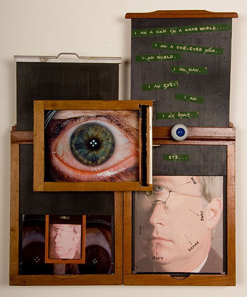 Contained, Eye Am, 1993, C-Prints, antique film holders, text tape, found objects, 12 x 17, showing 1 of 15