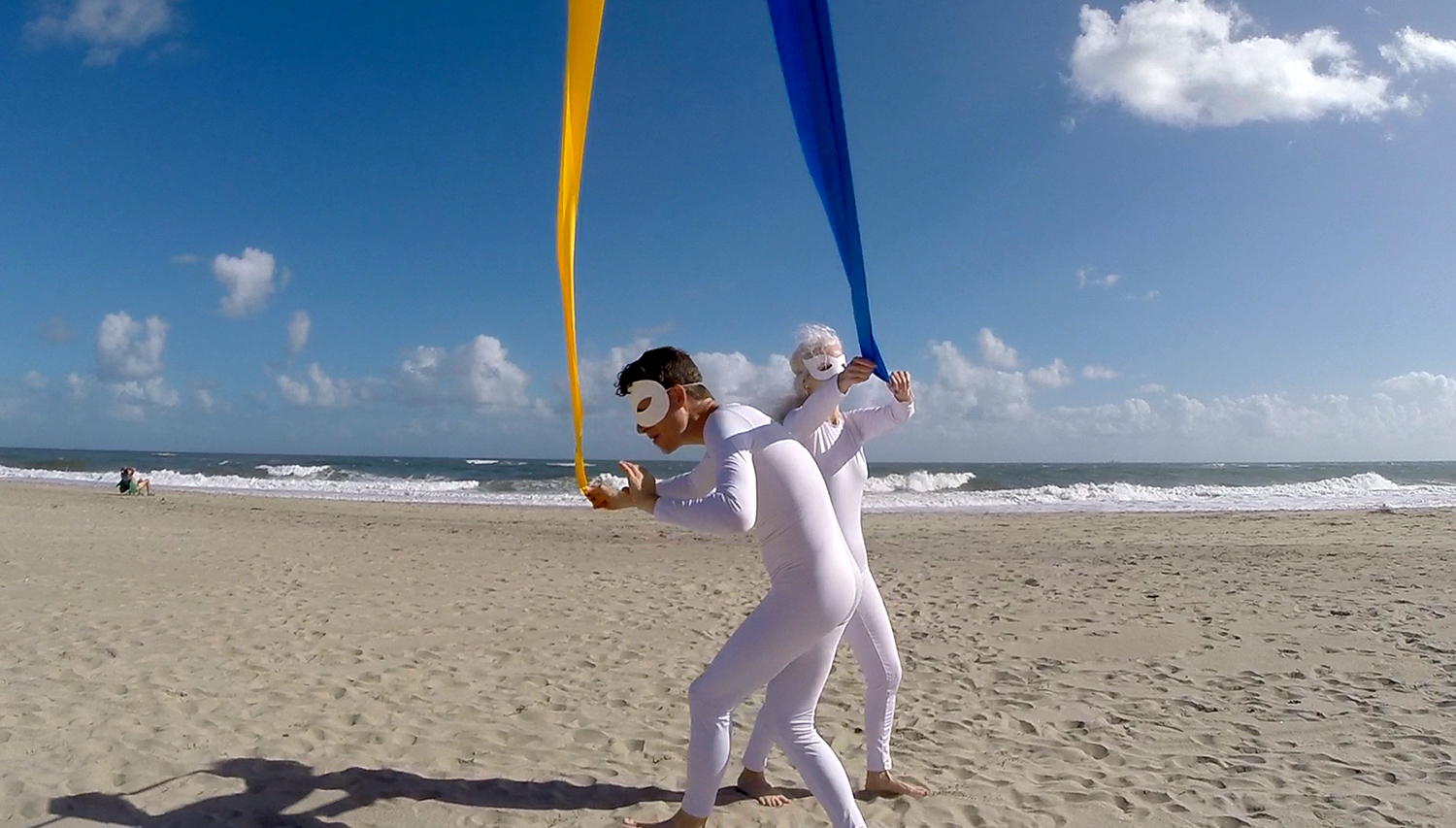 Exchange & Flow, 2022, live performance at the Cape Hatteras National Park<br><br>Go to menu, click VIDEOS, to watch excerpts<br><br>An exploration of the ecotone created by Hatteras Island’s enigmatic ocean currents at the old lighthouse site in the Cape Hatteras National Park. The University of Georgia Skidaway Institute of Oceanography believes these currents off Hatteras Island are one of the least understood current systems on the U.S. eastern seaboard. This performance creates an address to this unique ecosystem from marine life to oceanic current flow. Performers intersect and exchange twenty-eight long satin ribbons of blue, black, yellow, and red for the predominant fish found in each current including, bluefish, black sea bass, yellow sea mullet, and red drum. Known as the second perfect number, twenty-eight is the sum of its divisors. Hatteras Island’s complex current network comprises of the Gulf Stream, mid-Atlantic bright, south Atlantic bright, and Hatteras front. The chaos of the long swaths of ribbon illustrates the complexity of ecosystems and our rudimentary understanding.