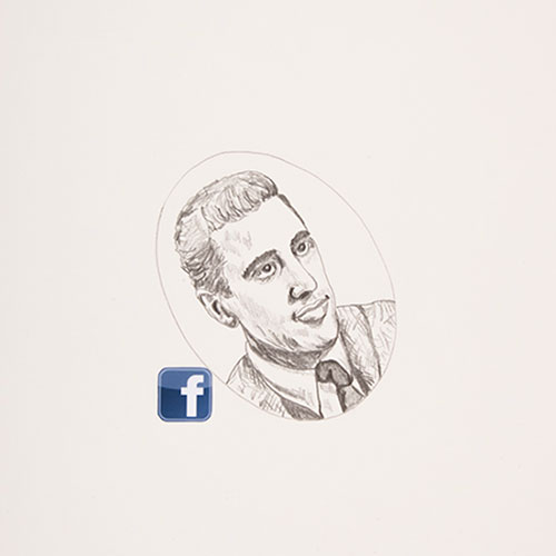 Face Book (Salinger), 2015, graphite on smooth paper with color digital print, 14 x 17, showing 1 of 100<br><br>A component to my exhibition Face Book: A Social Experience, I consider the decline of bookstores and consequences of digitizing books. A random search of the Internet for the 100 must read books for men took me to artofmanliness.com.