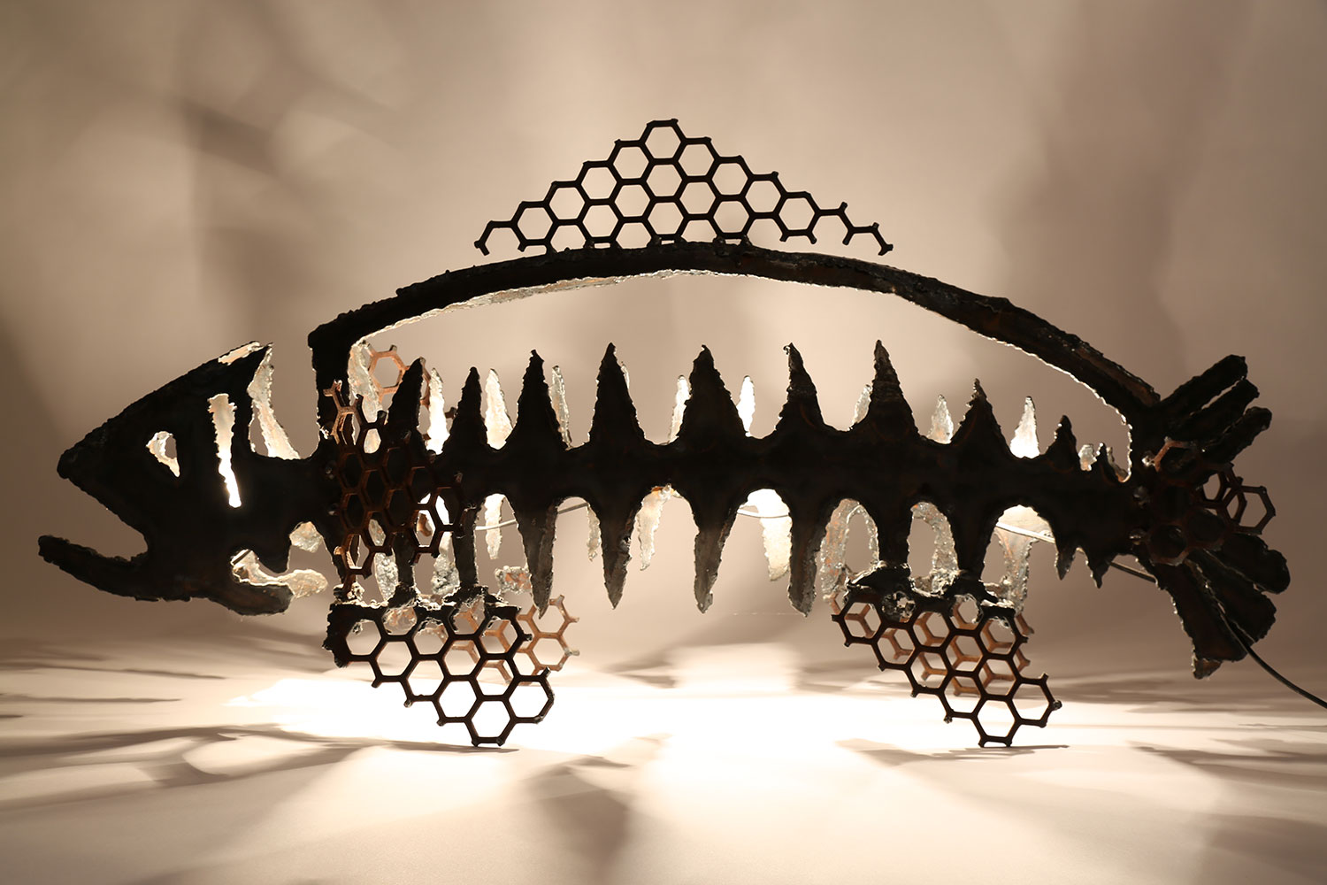 Fish Story, 1991, steel, lights, 46.5 x 22 x 13.5