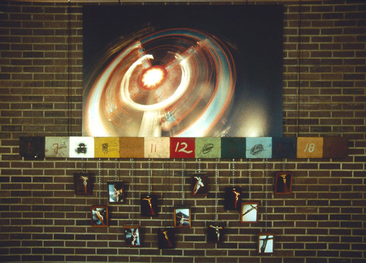 How to Support a Religious Organization, 1998, installation view, C-Prints, antique film holders, found objects, 120 x 96