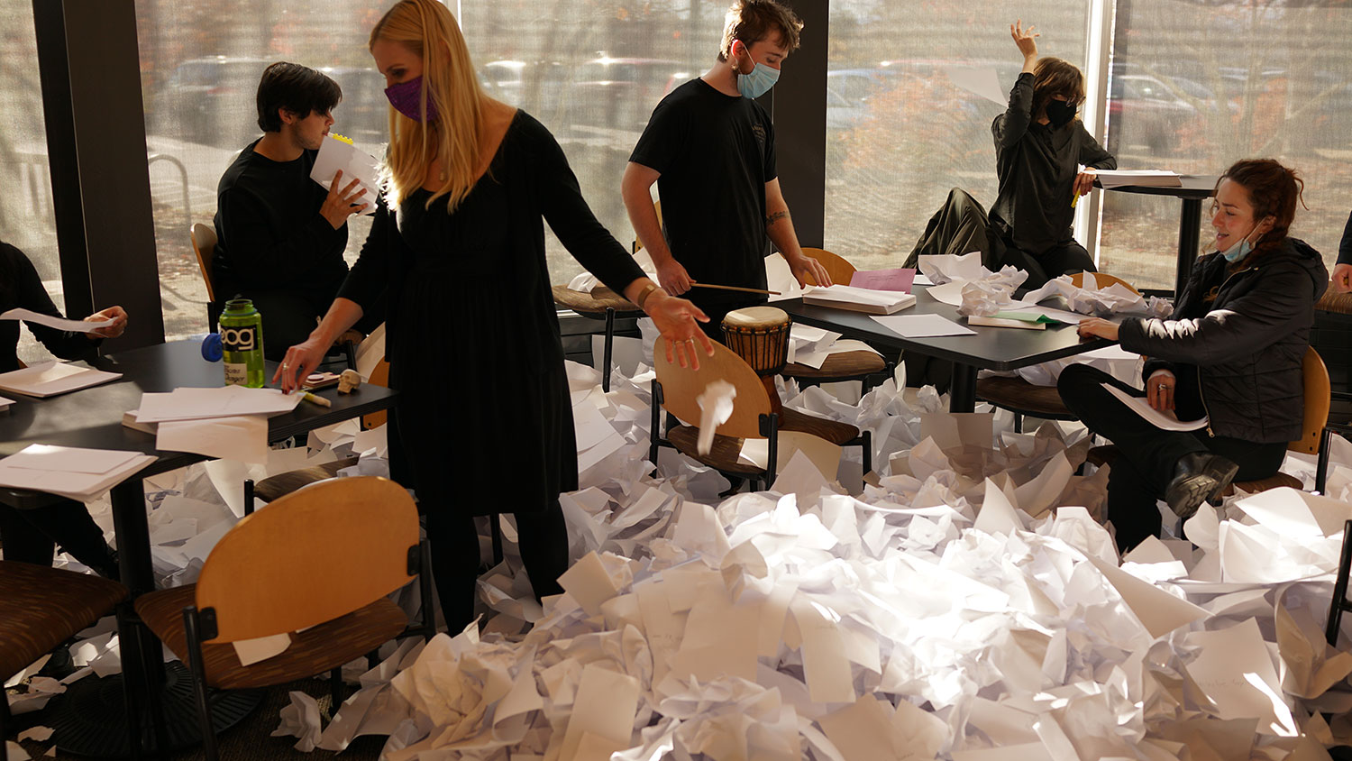 Sound of Days, 2021, live performance for ReVIEWING Black Mountain College<br><br>Performers read the 8,573 days of Black Mountain College. After reading the day from a sheet of paper, they discard the paper, play their musical instrument, and then read the next day. The first year, 1933 and final year, 1957 are read solo, while performers read 1934 to 1956 simultaneously. John Cage’s performance, “But what about the noise of crumpling paper which he used to do in order to paint the series of “papier froisses” or tearing up paper to make “papier dechires?” Arp was stimulated by water (sea, lake, and flowing waters like rivers), forests,” was the point of departure.<br><br>Special thank you to the students of the University of North Carolina Asheville and Professors Boone, Heysel, and Howell.